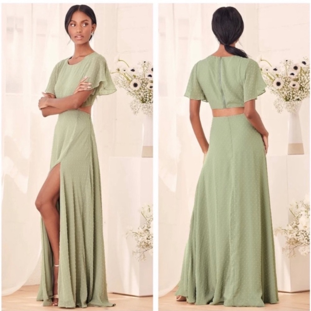 Lulus deep in my heart sage brush Swiss dot maxi